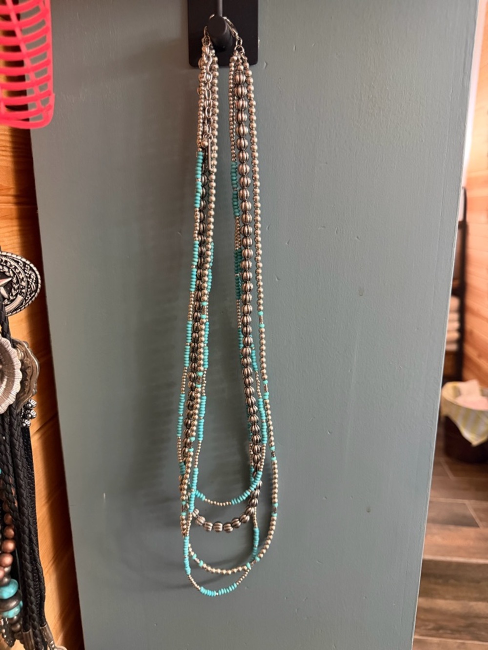 Multi-Strand Turquoise & Silver Bead Necklace - Women Jewelry - Picture 2 of 5